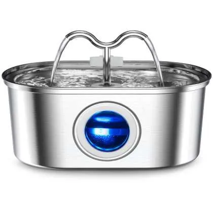 Stainless steel round pet water dispenser with 4 litre capacity and a faucet showing water level window.