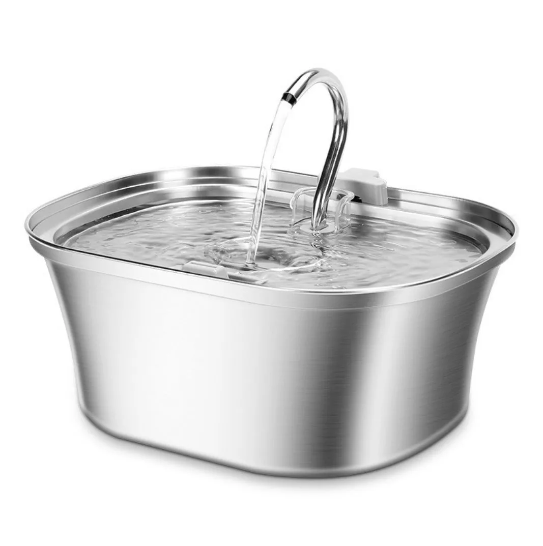 Stainless steel round pet water dispenser with 4 litre capacity and a faucet showing water level window.