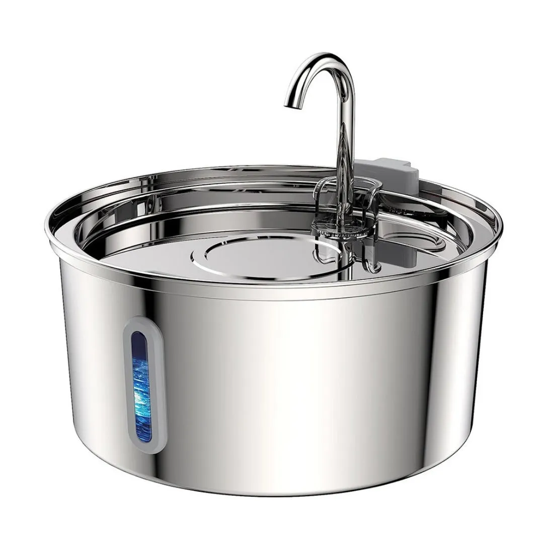 Stainless steel round pet water dispenser with 4 litre capacity and a faucet showing water level window.