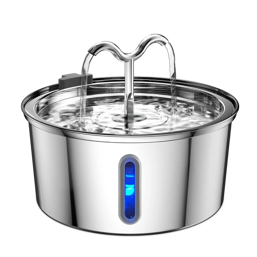 Stainless steel round pet water dispenser with 4 litre capacity and a faucet showing water level window.