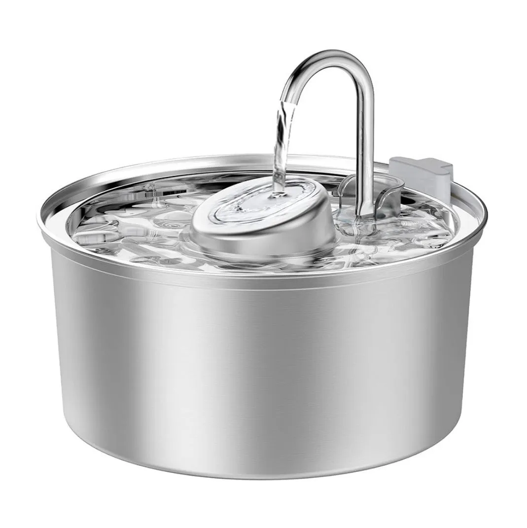Stainless steel round pet water dispenser with 4 litre capacity and a faucet showing water level window.