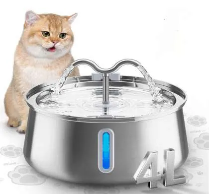 Stainless steel round pet water dispenser with 4 litre capacity and a faucet showing water level window.