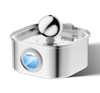 Stainless steel round pet water dispenser with 4 litre capacity and a faucet showing water level window.