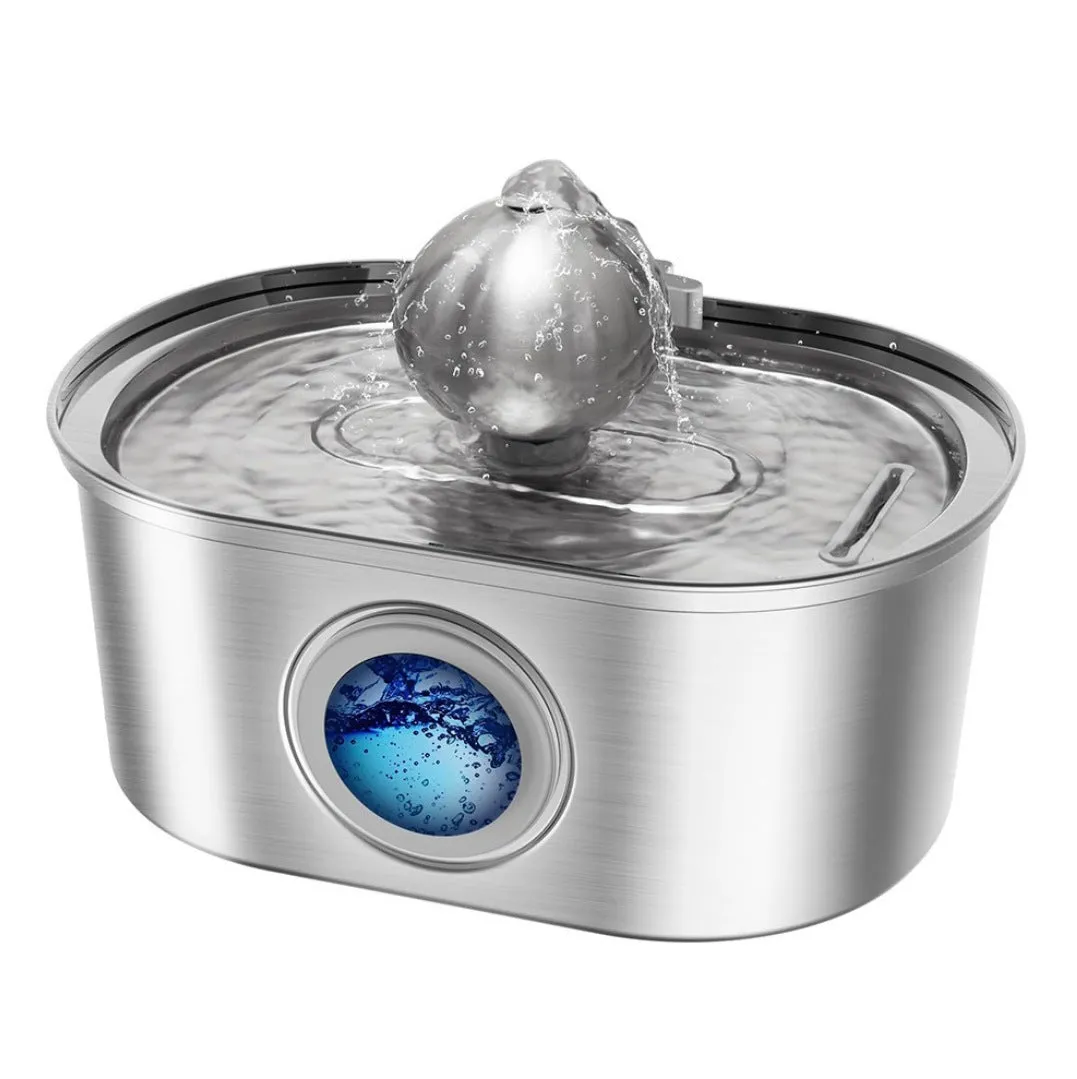 Stainless steel round pet water dispenser with 4 litre capacity and a faucet showing water level window.