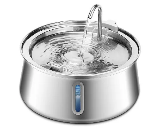 Stainless steel round pet water dispenser with 4 litre capacity and a faucet showing water level window.