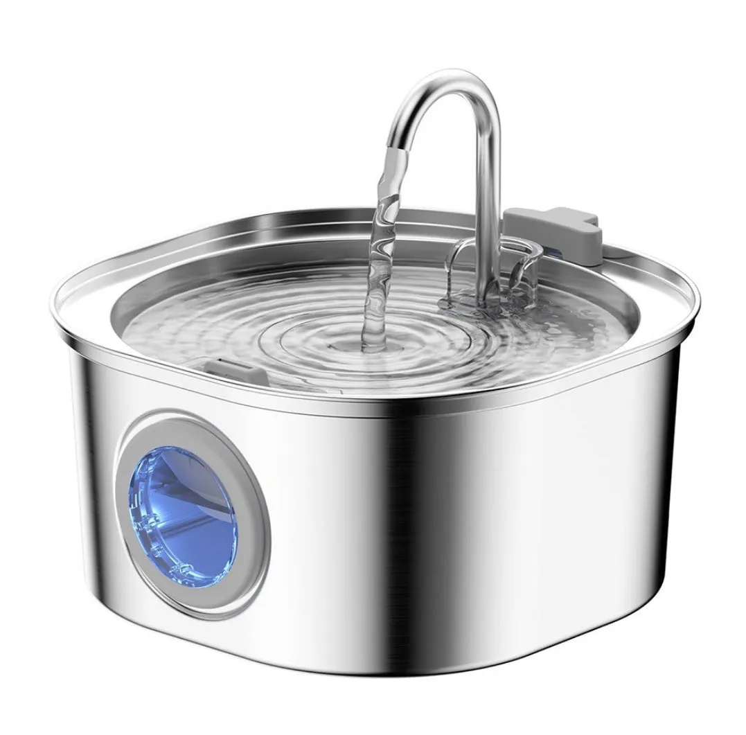 Stainless steel round pet water dispenser with 4 litre capacity and a faucet showing water level window.