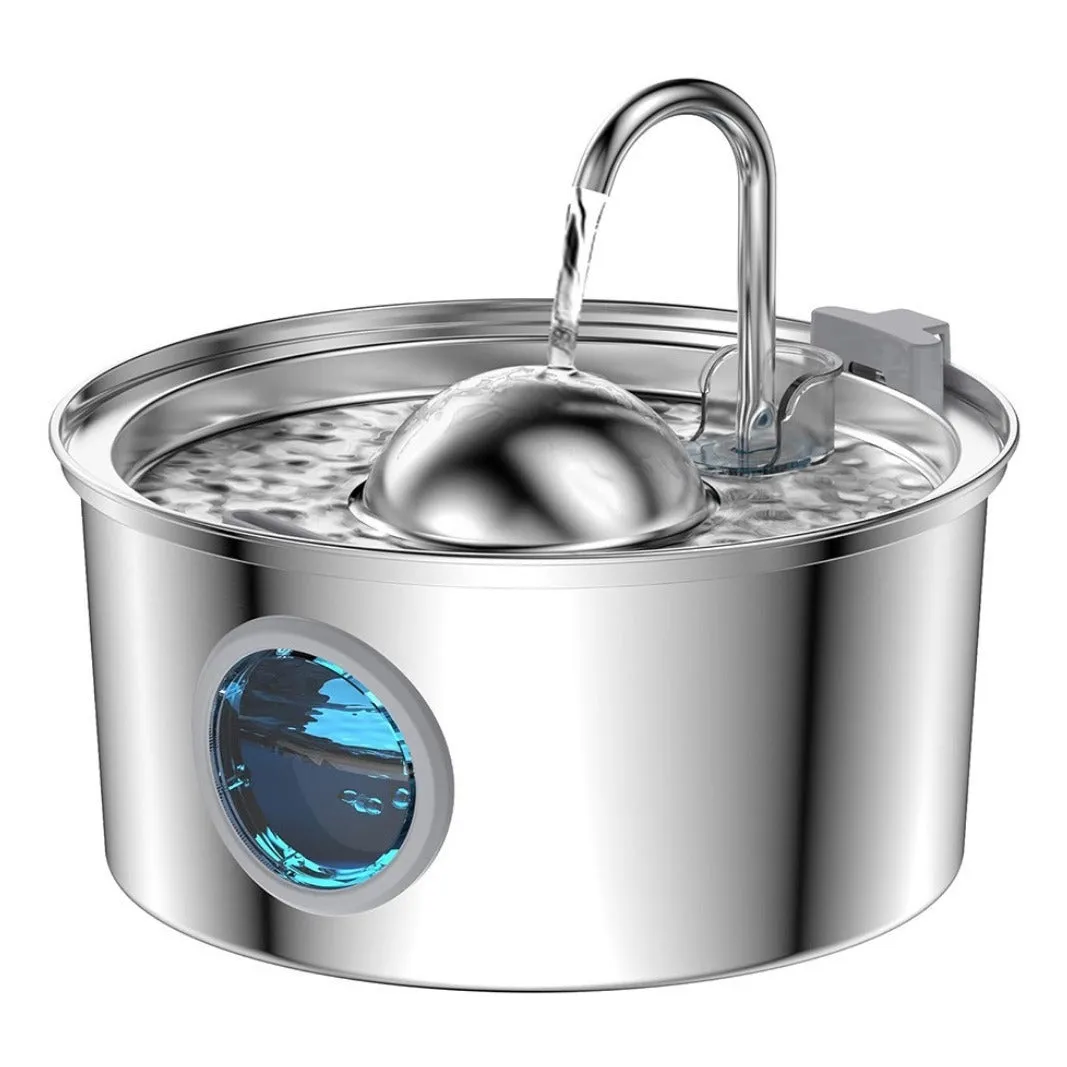 Stainless steel round pet water dispenser with 4 litre capacity and a faucet showing water level window.