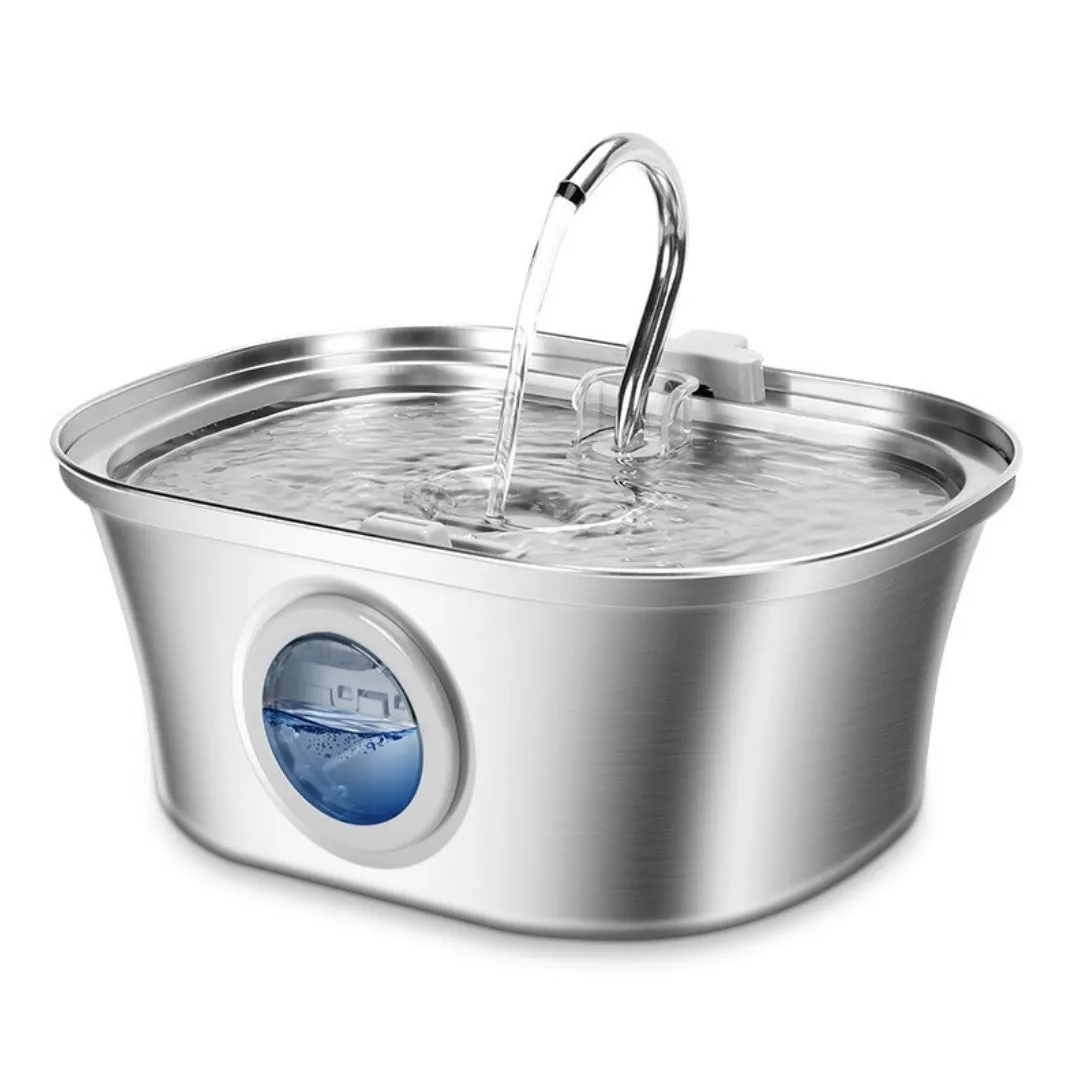 Stainless steel round pet water dispenser with 4 litre capacity and a faucet showing water level window.