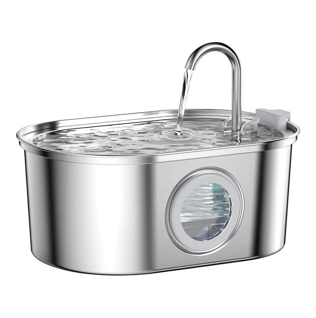Stainless steel round pet water dispenser with 4 litre capacity and a faucet showing water level window.