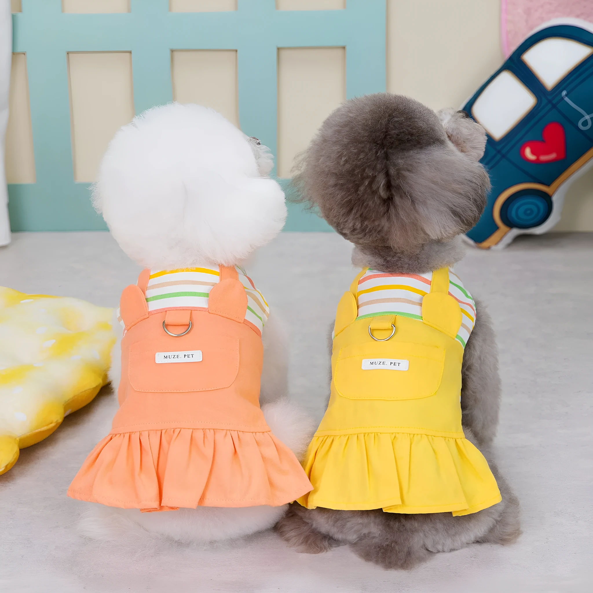 Orange and yellow striped patchwork cotton dog skirt with elastic waistband
