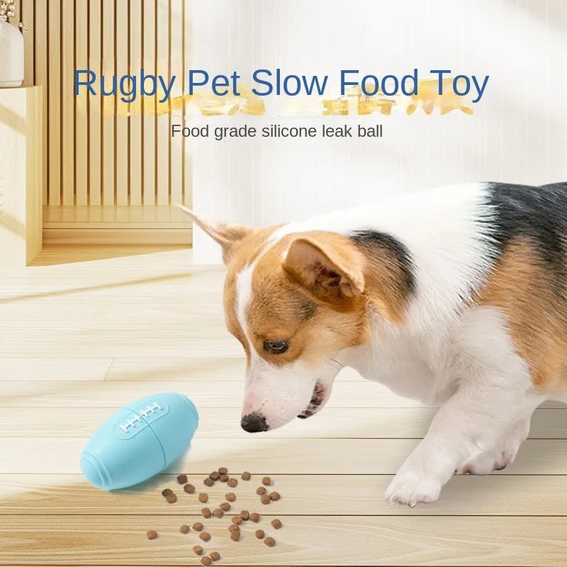 Coloured silicone rugby ball dog chew toy with treat-dispensing holes in blue, pink, purple options