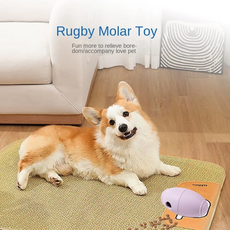 Coloured silicone rugby ball dog chew toy with treat-dispensing holes in blue, pink, purple options