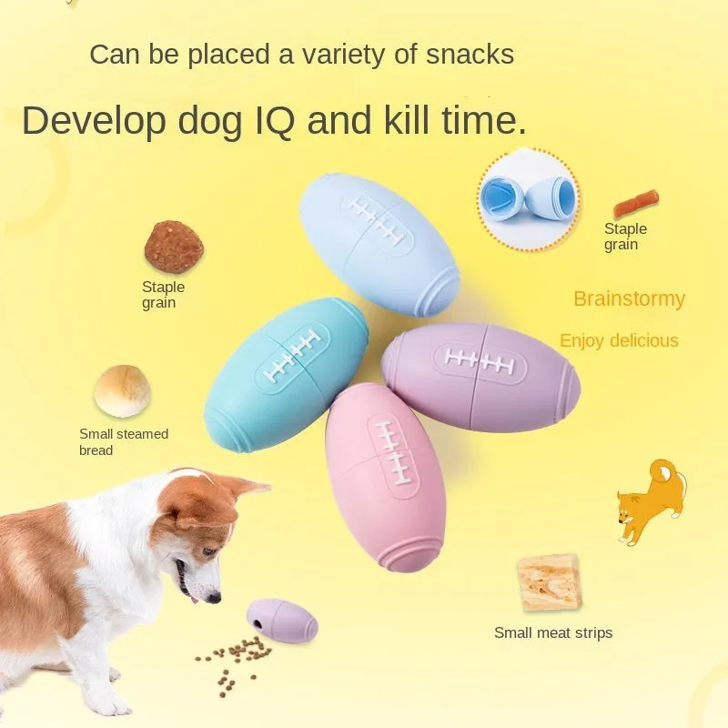 Coloured silicone rugby ball dog chew toy with treat-dispensing holes in blue, pink, purple options