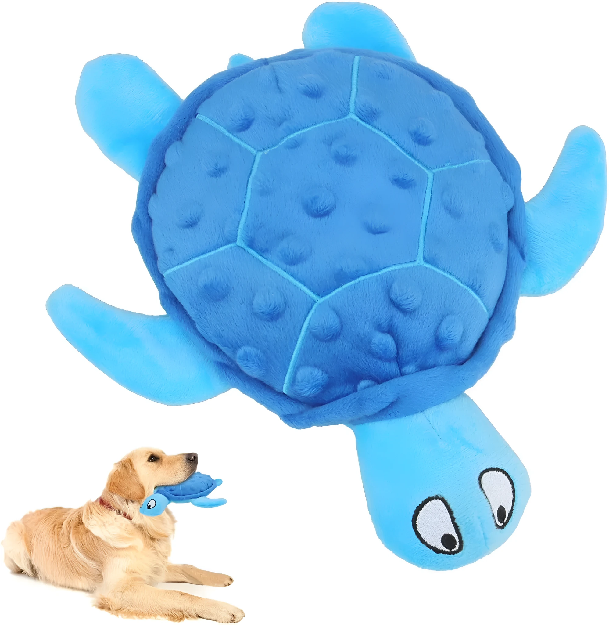 Blue sea turtle plush dog toy with squeaker for small dogs measuring 25cm