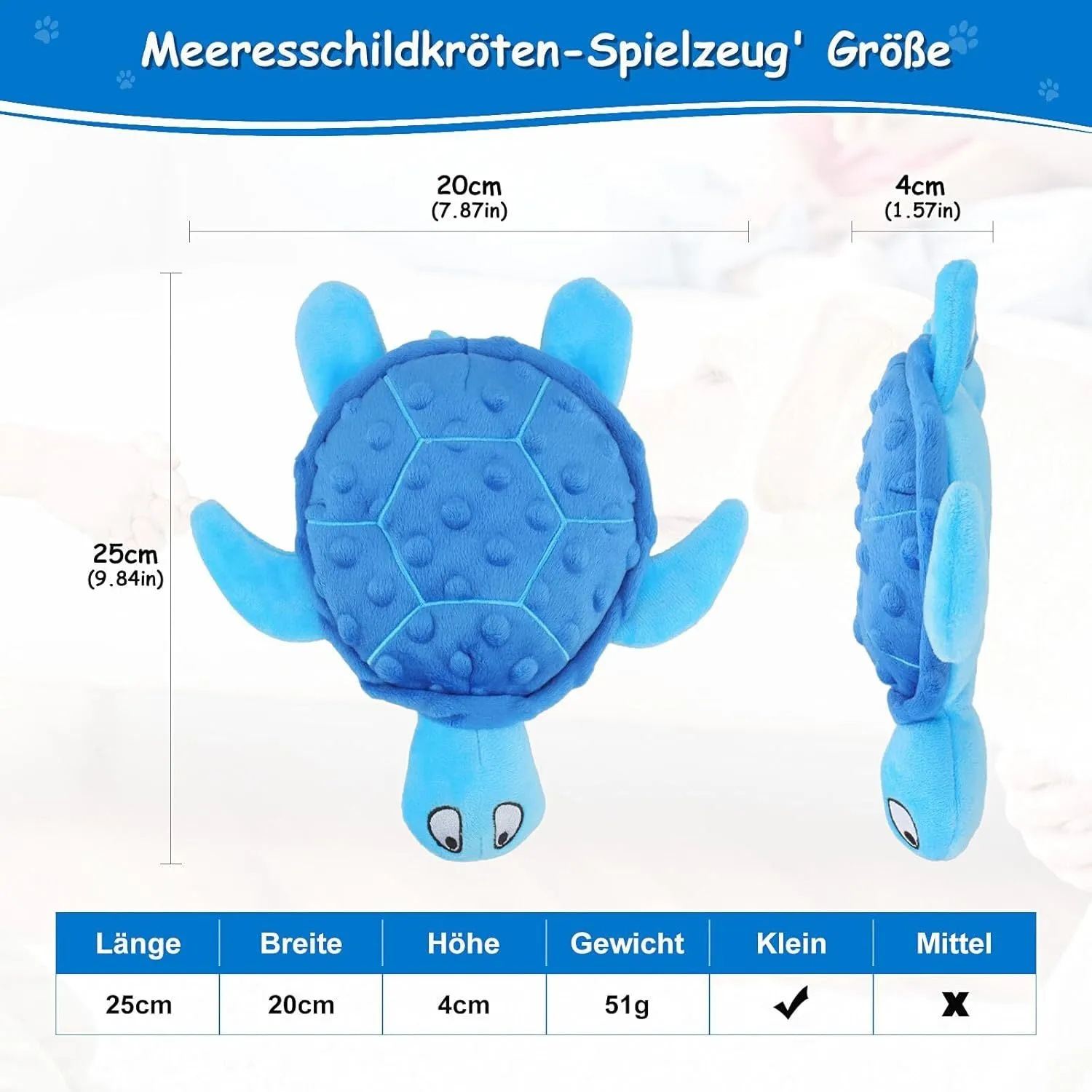 Blue sea turtle plush dog toy with squeaker for small dogs measuring 25cm