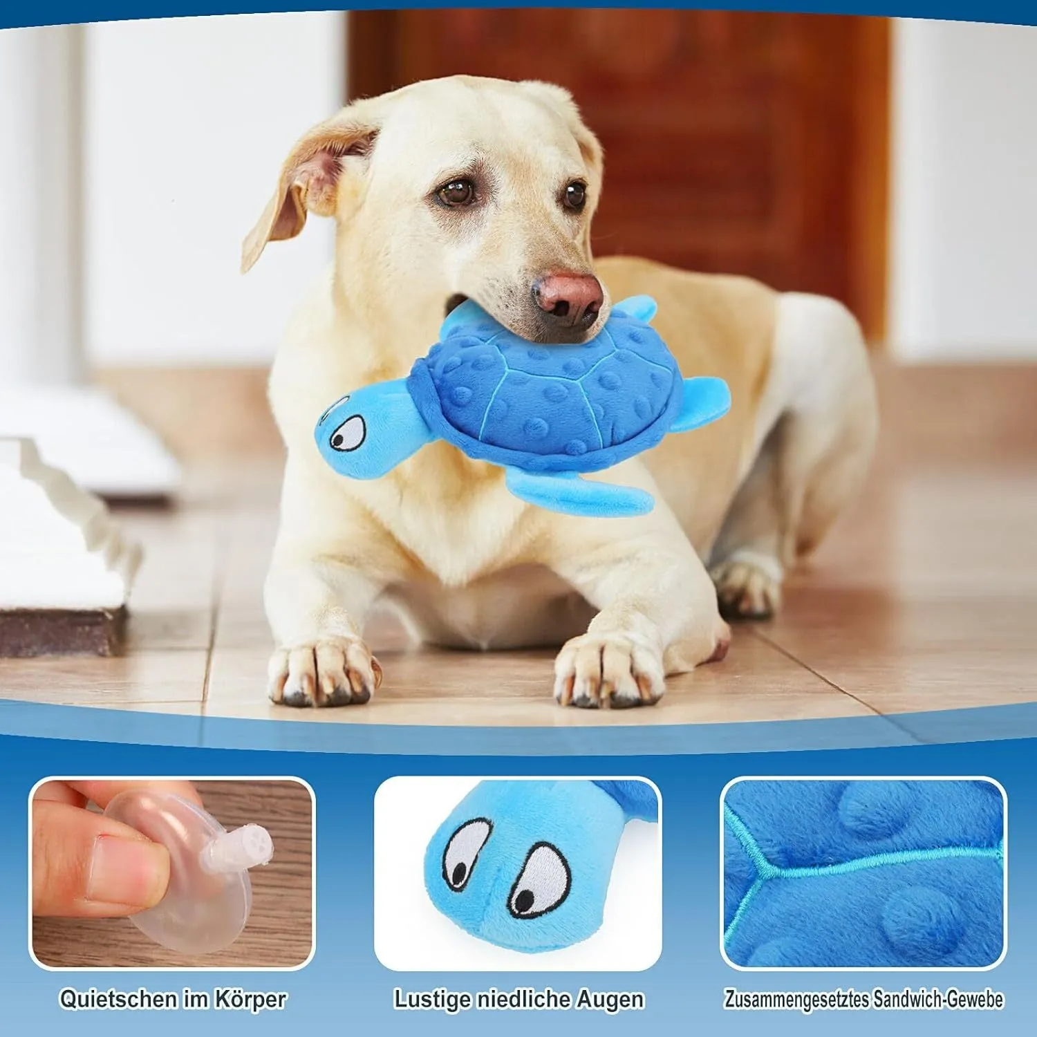 Blue sea turtle plush dog toy with squeaker for small dogs measuring 25cm