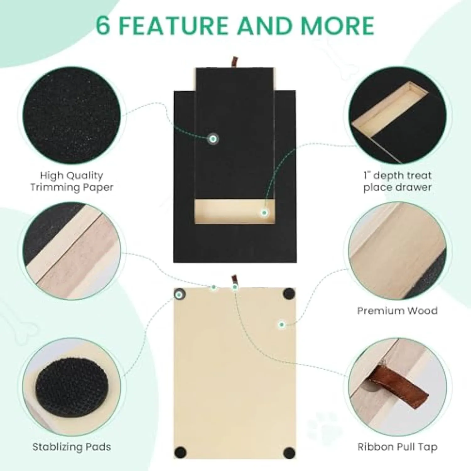 Wooden dog nail scratch board with treat drawer and non-slip pads for natural nail trimming