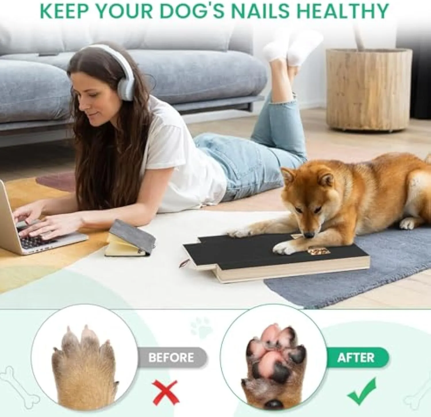Wooden dog nail scratch board with treat drawer and non-slip pads for natural nail trimming