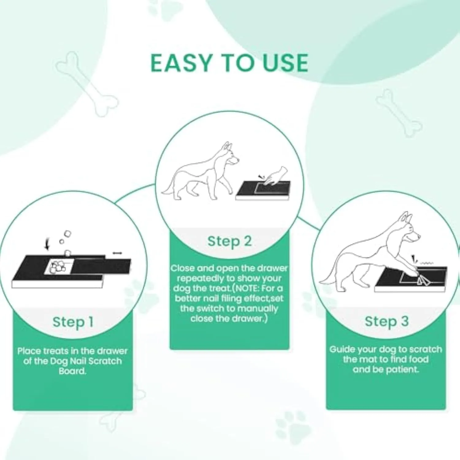 Wooden dog nail scratch board with treat drawer and non-slip pads for natural nail trimming