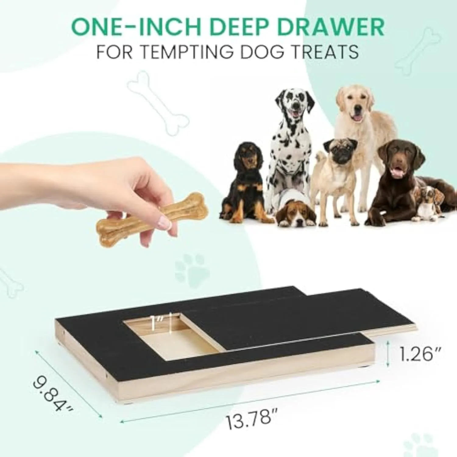 Wooden dog nail scratch board with treat drawer and non-slip pads for natural nail trimming