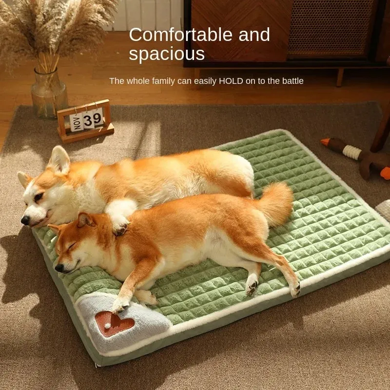 Large rectangular dog bed mat with a removable cover in a grey colour on a wooden floor.