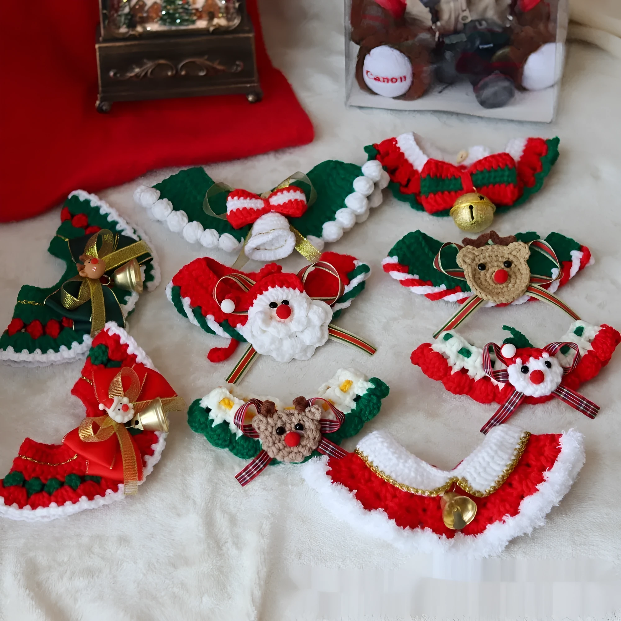 Knitted wool pet scarf with Christmas designs including striped Santa Claus pattern