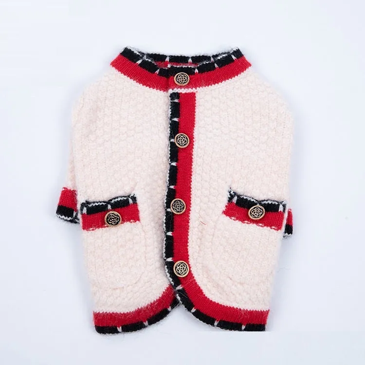 Blue wool dog sweater cardigan with classic princess style on mannequin showing button front