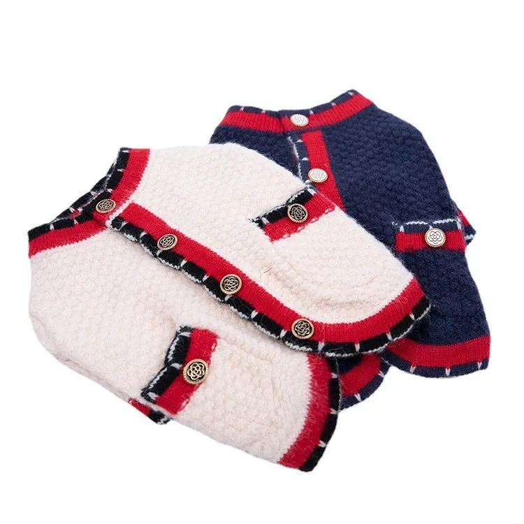 Blue wool dog sweater cardigan with classic princess style on mannequin showing button front