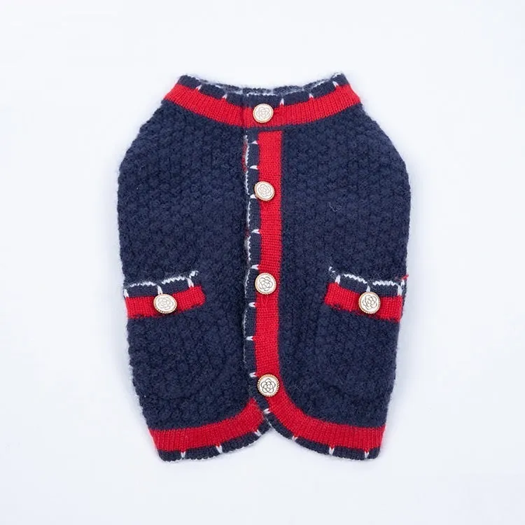 Blue wool dog sweater cardigan with classic princess style on mannequin showing button front