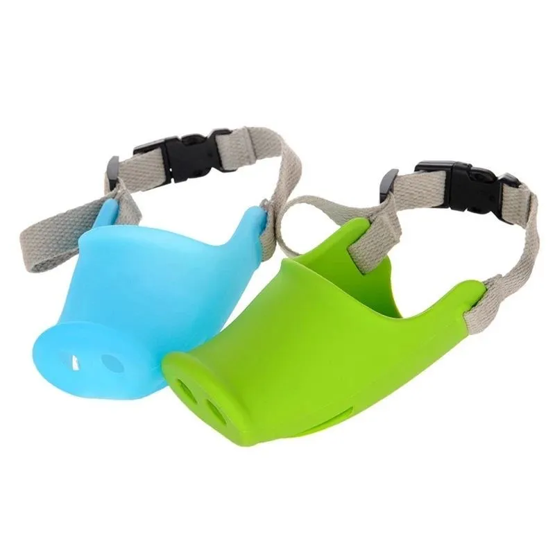 Blue silicone anti-bite mouth cover for dogs showing flexible construction and adjustable sizing