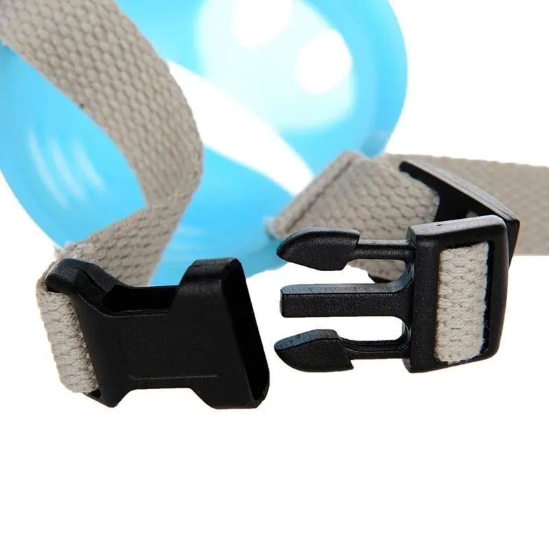 Blue silicone anti-bite mouth cover for dogs showing flexible construction and adjustable sizing