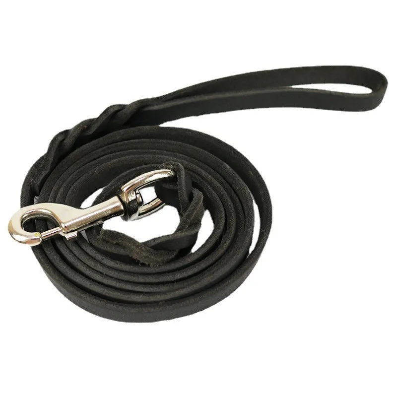 Thickened light brown cowhide leather dog leash with hand strap, shown at full length.