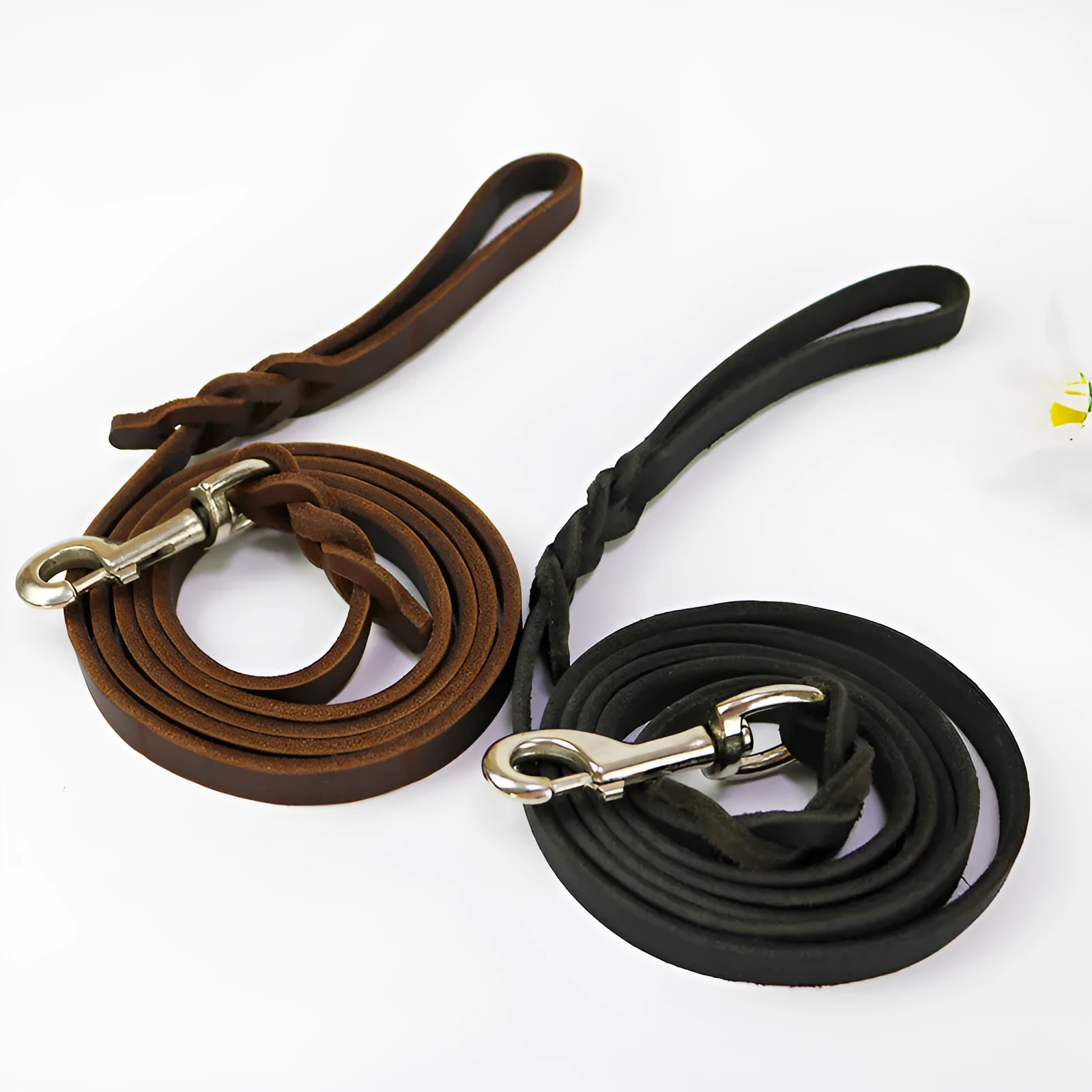 Thickened light brown cowhide leather dog leash with hand strap, shown at full length.
