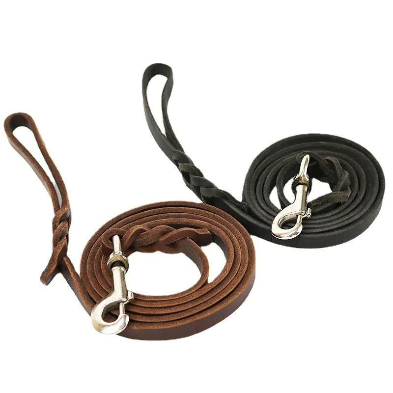 Thickened light brown cowhide leather dog leash with hand strap, shown at full length.