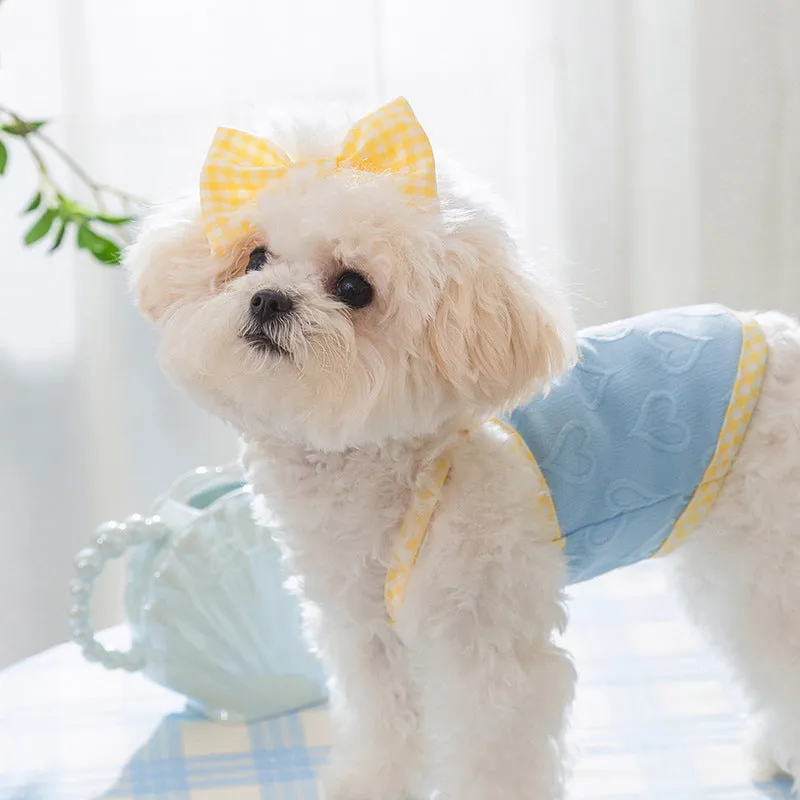 Small dog wearing a blue vest with a heart relief texture and white bow suspenders.