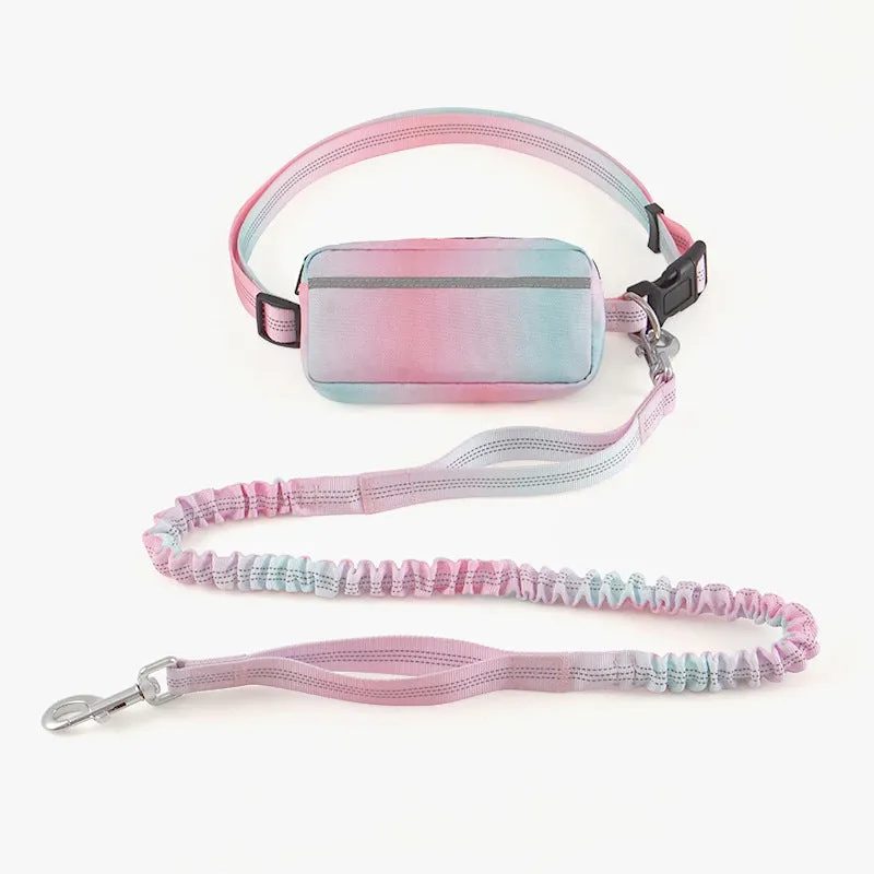 Blue hands-free adjustable dog leash with waist belt, shown extended to full length.