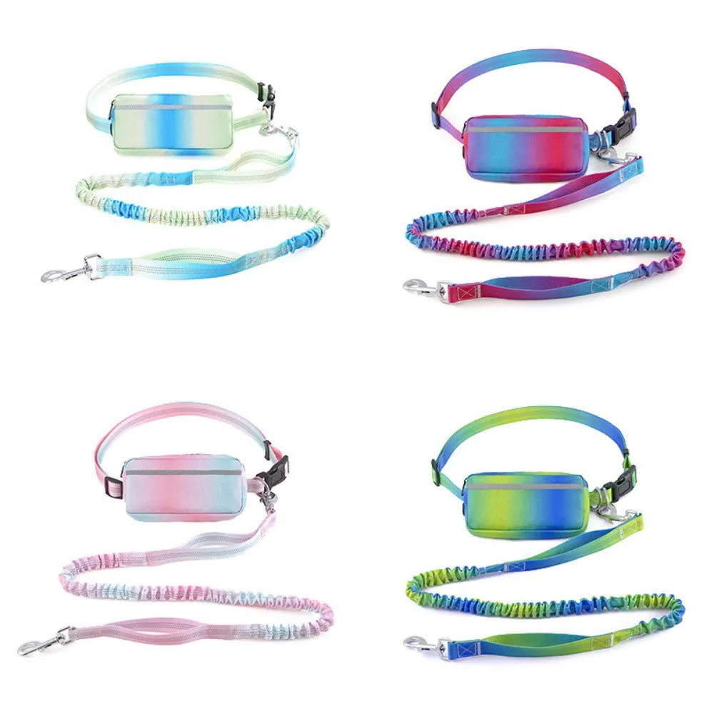 Blue hands-free adjustable dog leash with waist belt, shown extended to full length.