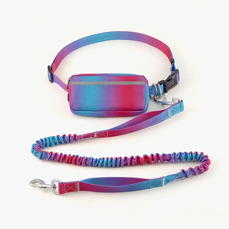 Blue hands-free adjustable dog leash with waist belt, shown extended to full length.