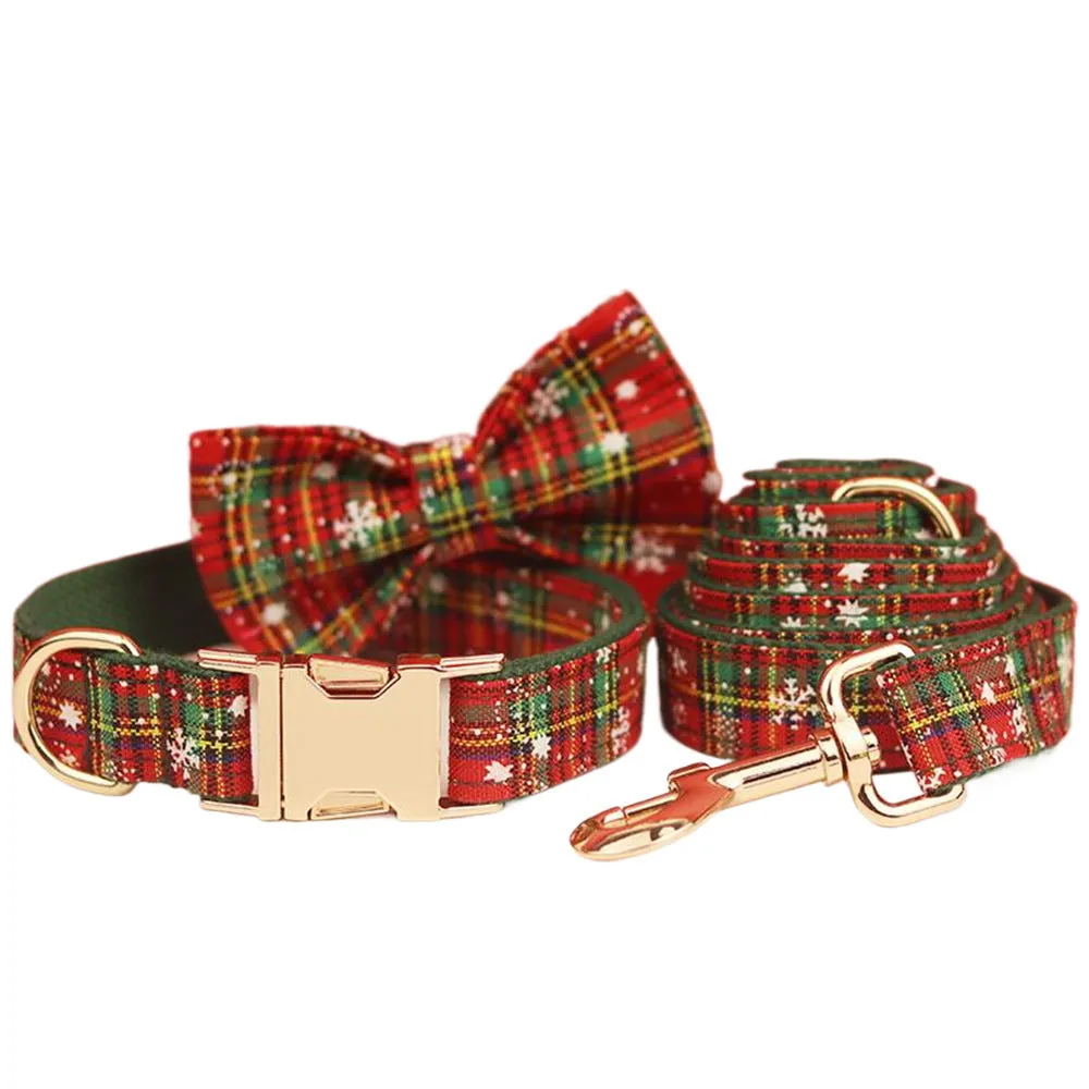 Green snowflake Christmas pet collar four-piece set with matching dog leash, vest and bow tie