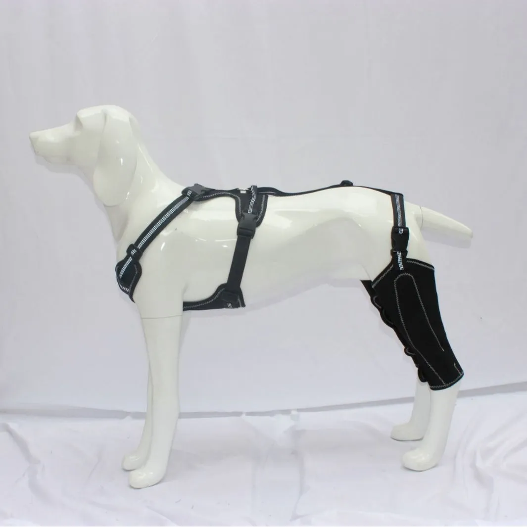 Black dog thigh protective sleeve with adjustable metal support for postoperative care