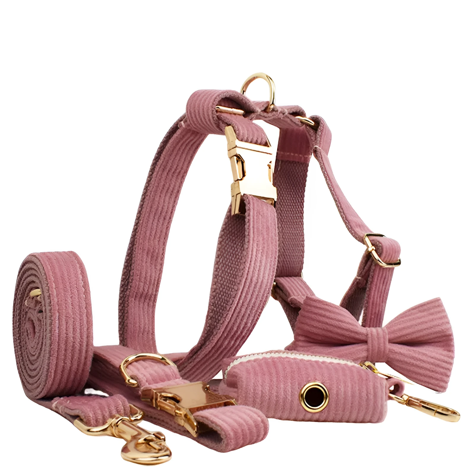 Red corduroy dog collar and leash set with matching vest, poop bag, and decorative bow for small to XL dogs