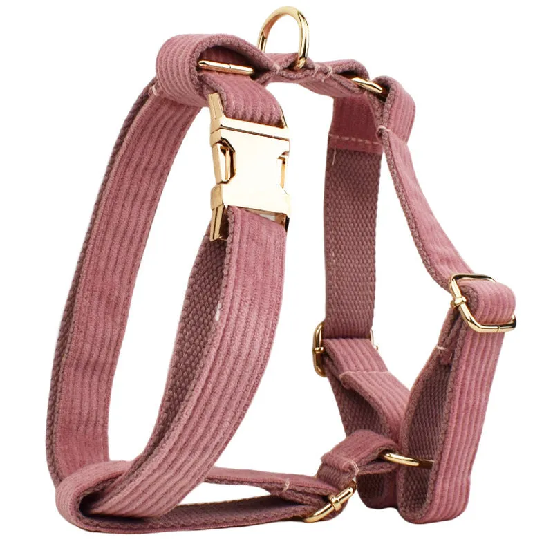 Red corduroy dog collar and leash set with matching vest, poop bag, and decorative bow for small to XL dogs