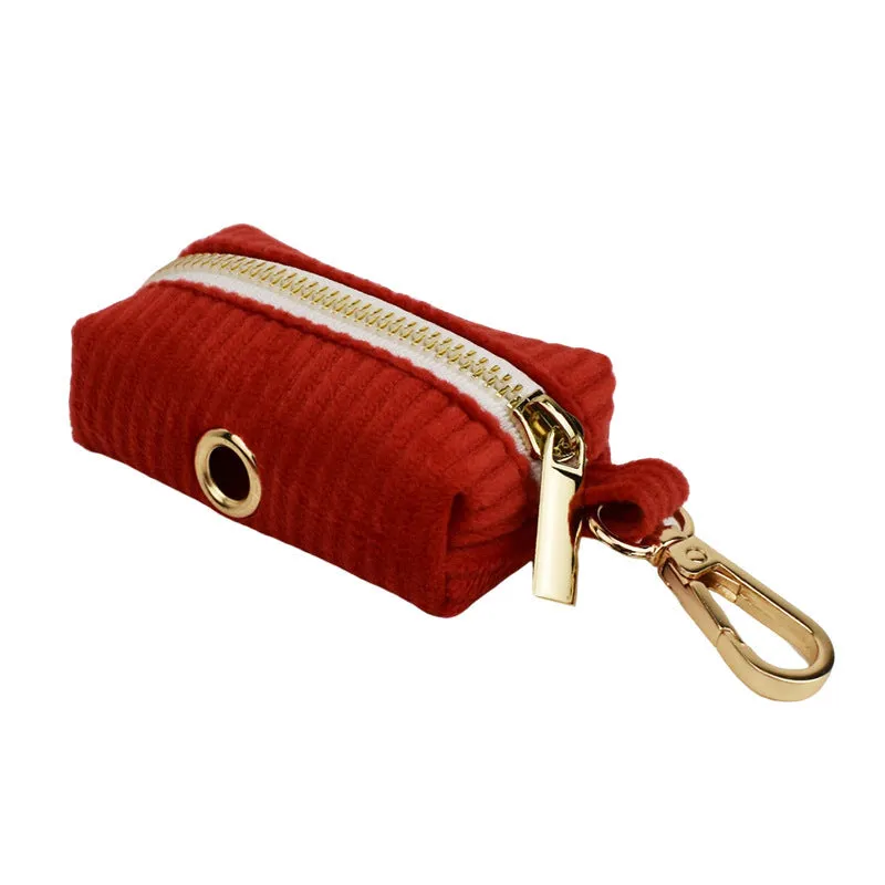 Red corduroy dog collar and leash set with matching vest, poop bag, and decorative bow for small to XL dogs