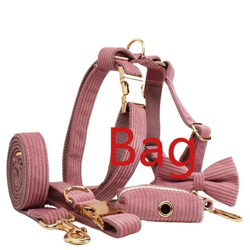Red corduroy dog collar and leash set with matching vest, poop bag, and decorative bow for small to XL dogs