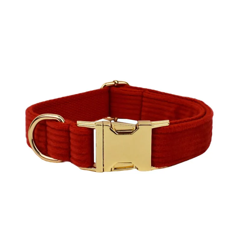 Red corduroy dog collar and leash set with matching vest, poop bag, and decorative bow for small to XL dogs