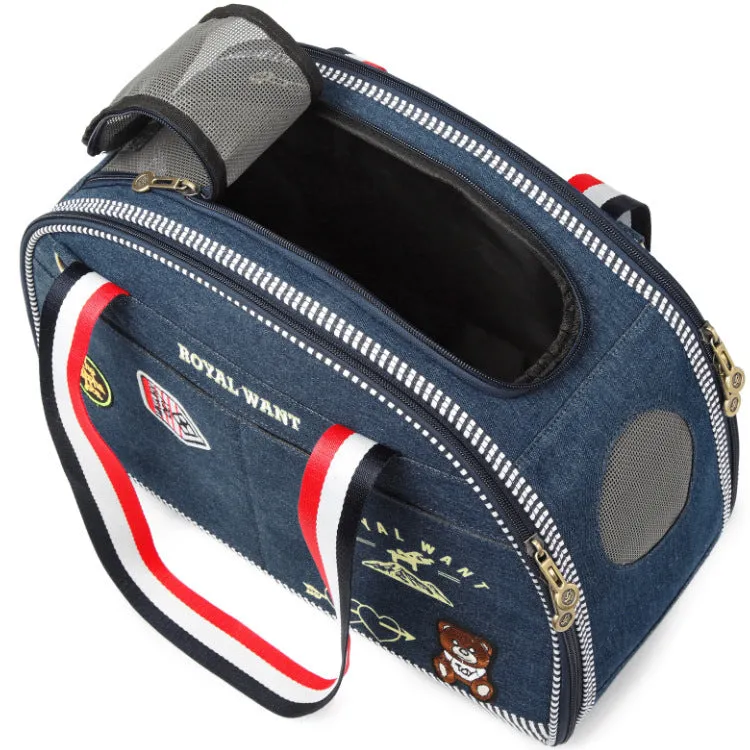 Blue Japanese cartoon style pet diaper bag in denim measuring 43cm by 20cm by 30cm