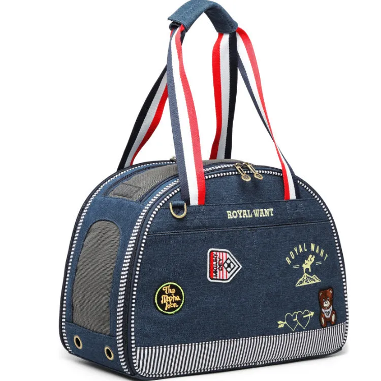 Blue Japanese cartoon style pet diaper bag in denim measuring 43cm by 20cm by 30cm