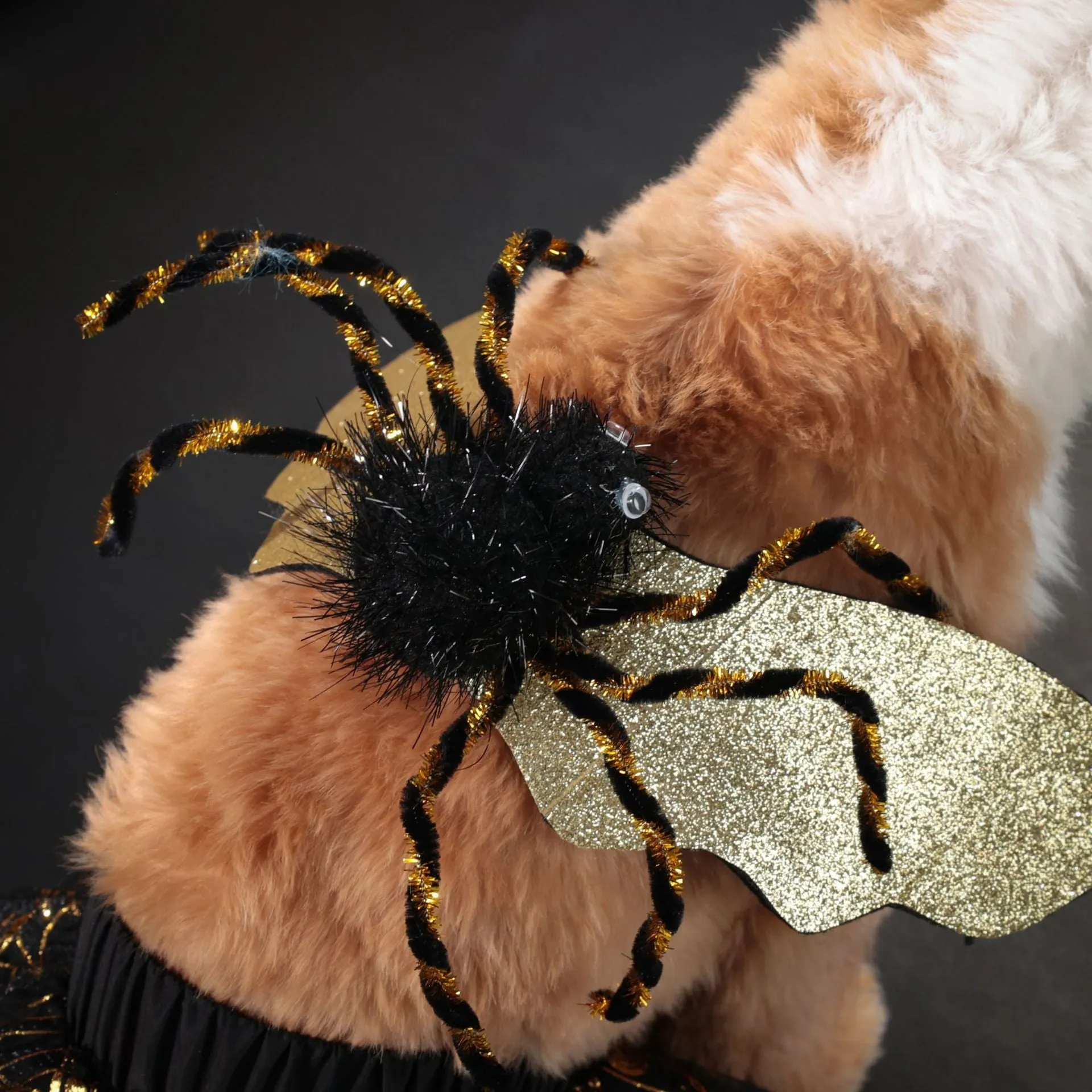 A brown polyester suit costume for a dog, shown on a pet, suitable for Halloween or parties.
