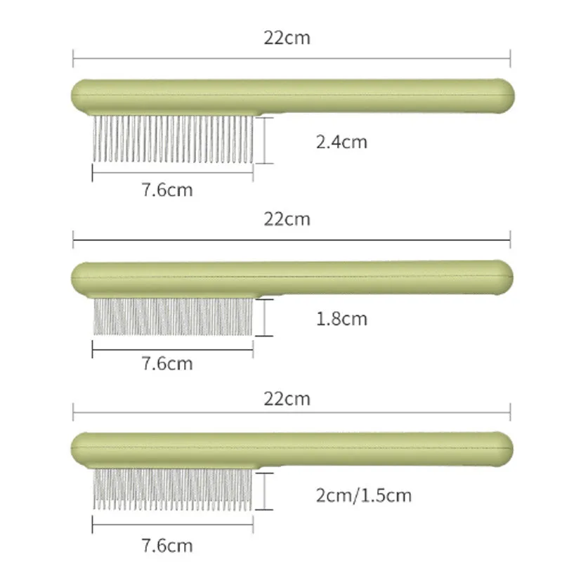 Green and white stainless steel cat combs with rounded teeth for gentle pet grooming