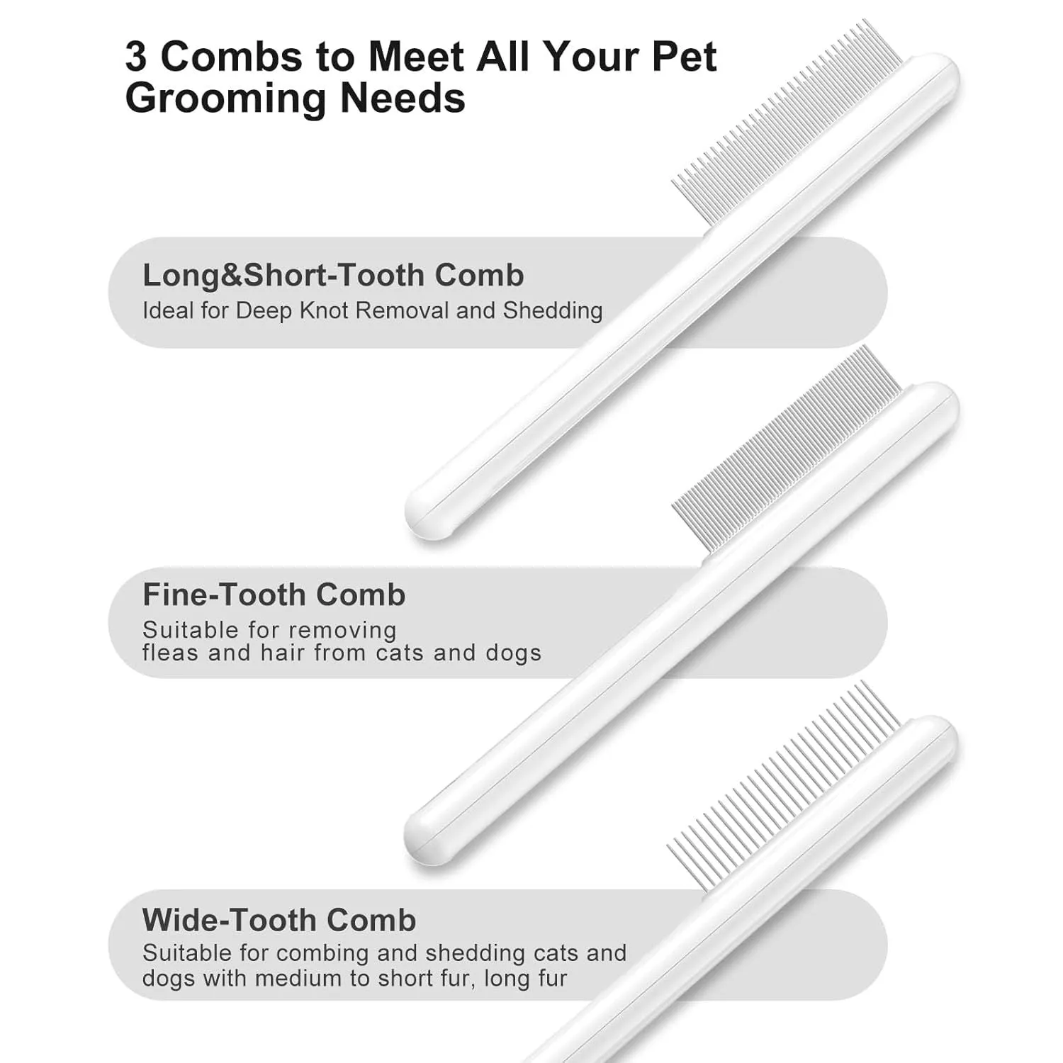 Green and white stainless steel cat combs with rounded teeth for gentle pet grooming